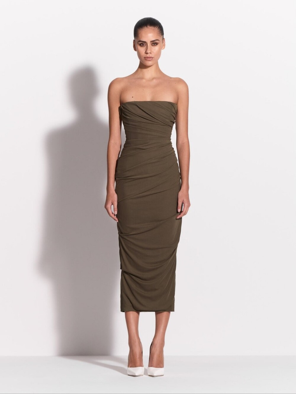 Alex Perry Strapless Tucked Dress in Stretch Mesh